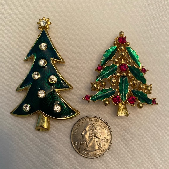 Vintage Set/2  LIA Christmas Tree Brooches Signed Green Enamel and Rhinestones - Picture 2 of 10